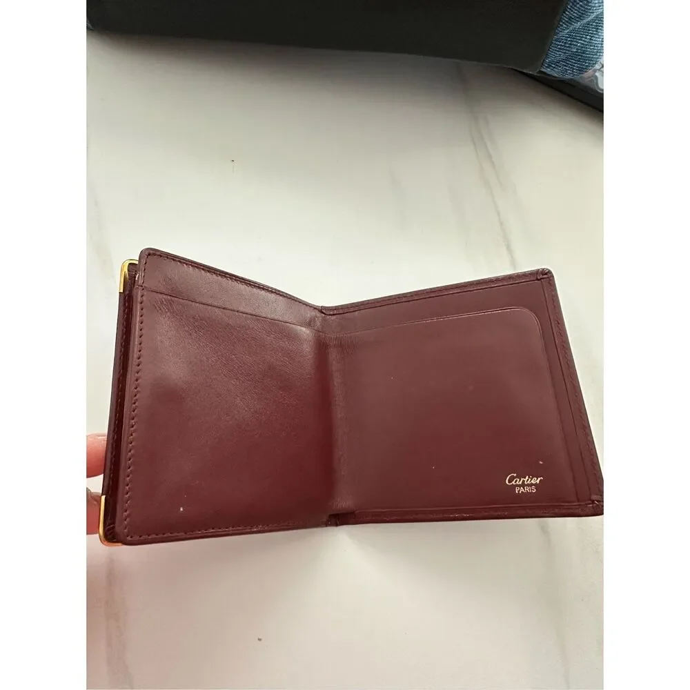 Cartier Leather Credit Card Slot Logo Bifold Coin Wallet Burgundy Red One Size